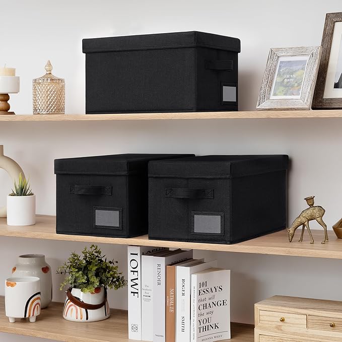 GRANNY SAYS Storage Bins With Lids, Linen Decorative Boxes for Shelves, Clothes Organization, 3-Pack, Black-NeatNest