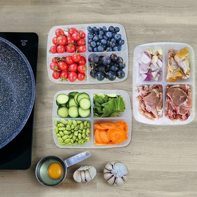 4 Pcs Reusable 4 Compartment Food Storage Containers with Lids, Food Containers for Storing fruits, Meat, Vegetables.