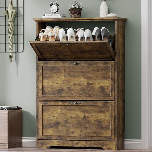 3 Flips Shoe Cabinet for Entryway, Narrow Shoe Storage Cabinet with Adjustable Shelves, Wooden Space-Saving Organizer and Rack for Foyer, Closet, Hallway