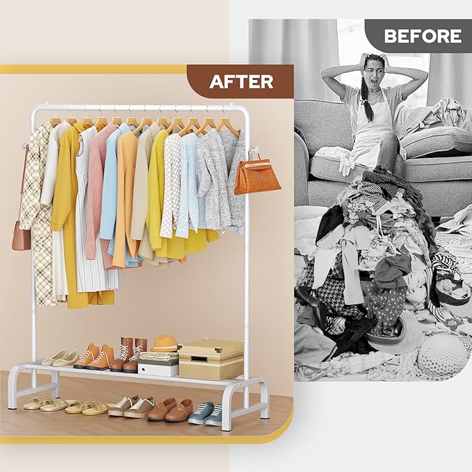 Clothes Rack With Storage Shelves: Metal Clothing Rack for Hanging Clothes, Garment Rack for Bedroom, Laundry, Living Room, White-NeatNest