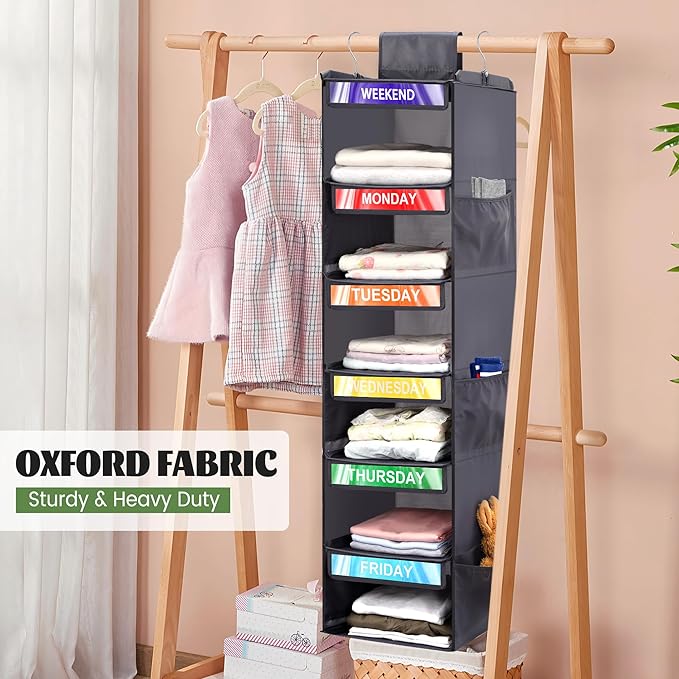 2 Pack 6-Shelf Weekly Clothes Organizer for Kids, Hanging Daily Closet Organization with 6 Side Pockets, Days of The Week Clothing Divider Storage for Boys and Girls (Grey)-NeatNest