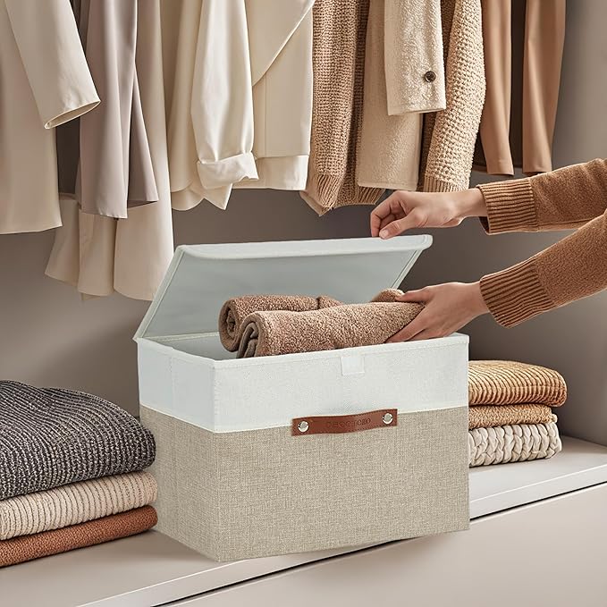DECOMOMO Fabric Storage Bins with Lid, Storage Baskets for Shelves Toy Box (Beige and White, 3 Pack)-NeatNest