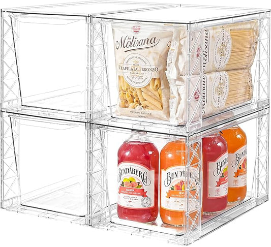 4Pack Stackable Kitchen Storage Organizer, Pantry Organizers and Storage, Clear Foods Organizer Bins with Handles, Easily Assemble for Bathroom, Kitchen, Pantry, Cabinet, Closet-NeatNest
