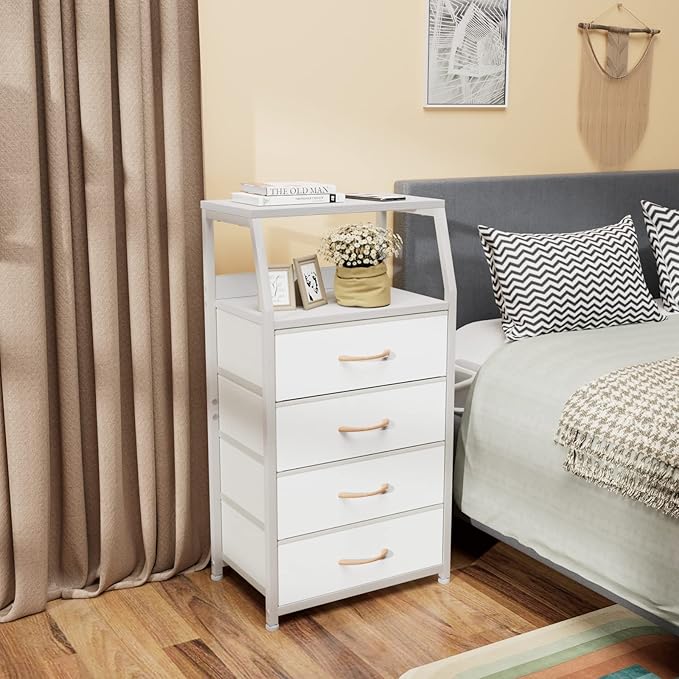 Furnulem Tall 4 Drawers Dresser, Vertical Storage Tower for Bedroom, Hallway, Entryway, Nursery, Closet Organizer, Nightstand Bedside Table Furniture, Sturdy Steel Frame, Wood Top, White-NeatNest