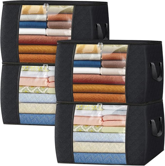 Fab totes 90L Clothes Storage, Foldable Thick Fabric Blanket Storage Bags, Containers for Organizing Bedroom, Closet, Clothing, Comforter, Organization with Handle (4 Pack,Black)-NeatNest