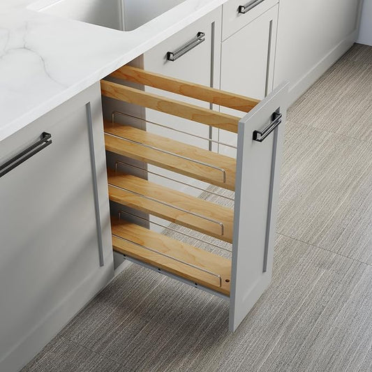 Dowell 5" Base Pull-out Spice Organizer with Adjustable Shelves for Base Kitchen Cabinet, Bottom Mounted Soft Close Slides - 4004 0524 | Soft-Close Wooden Slide Out Spice