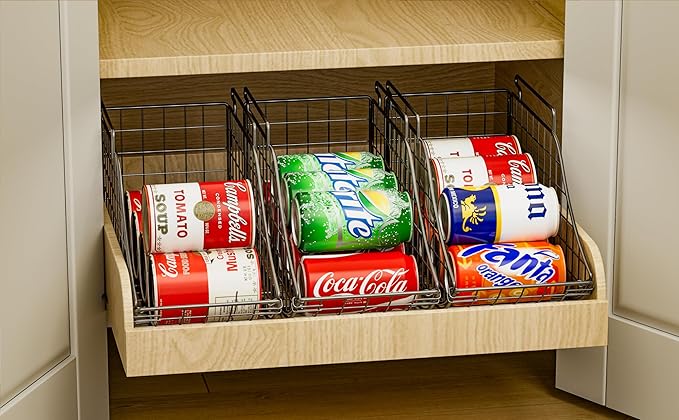 8-Pack Can Organizer for Pantry, Stackable Cabinet Soda Shelves for Fridge, Wire Cupboard Storage, Holds up to 72 Beers,Small Metal Bin for Drink Beverage Egg Gillas, Rack for Kitchen Countertops RV