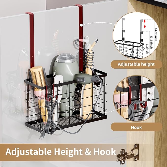 Hair Dryer Holder -3-in-1 Hair Tool Organizer Blow Dryer Holder Adjustable Height, Cabinet Door/Wall Mounted Bathroom Organizer Storage,Heat Safe Rack for Hair Straighteners, Curling Wands, Razor