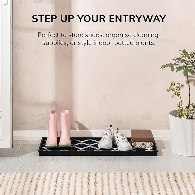 Anji Mountain Heavy Duty Waterproof Rubber Shoe Storage Mat Organizer/Boot Storage Tray Multi Use for Entryway with Coir, Black and Ivory Insert, Fits 3 Pair (34.5" Wide)