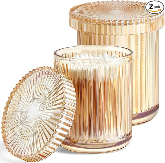 2 Pack Qtip Holder - Apothecary Jars with Lids, Bathroom Organizers and Storage Canister for Cotton Balls,Swabs,Floss Picks,Hair Ties,Clear Glass Vintage Bathroom Decor Jar Set (Amber)-NeatNest