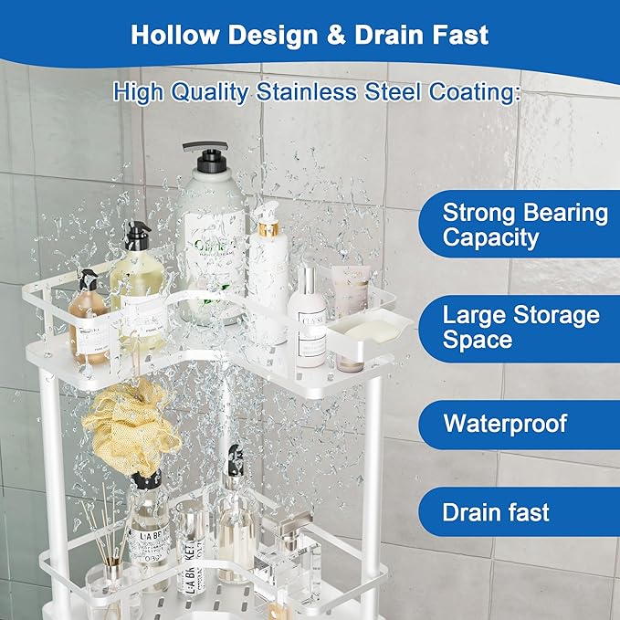 FJNATINH Corner Shower Caddy - 4 Tier Shower Organizer Corner Shelf Stand, Stainless Steel Standing Tall Floor Shower Shelf Rack Storage Stands for Bathroom Balcony Kitchen, No Drilling Shelves, White