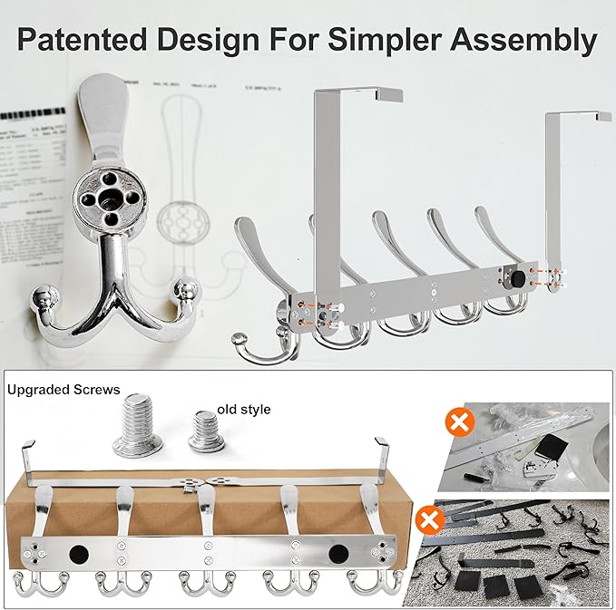 Dseap Over Door Hook 2.0 - Upgraded Version - Simple-Assembly, Strong, Heavy-Duty Stainless Steel 5-Tri-Hook Over The Door Hanger Rack, SimpleStrong Series, Chromed, Pack of 2