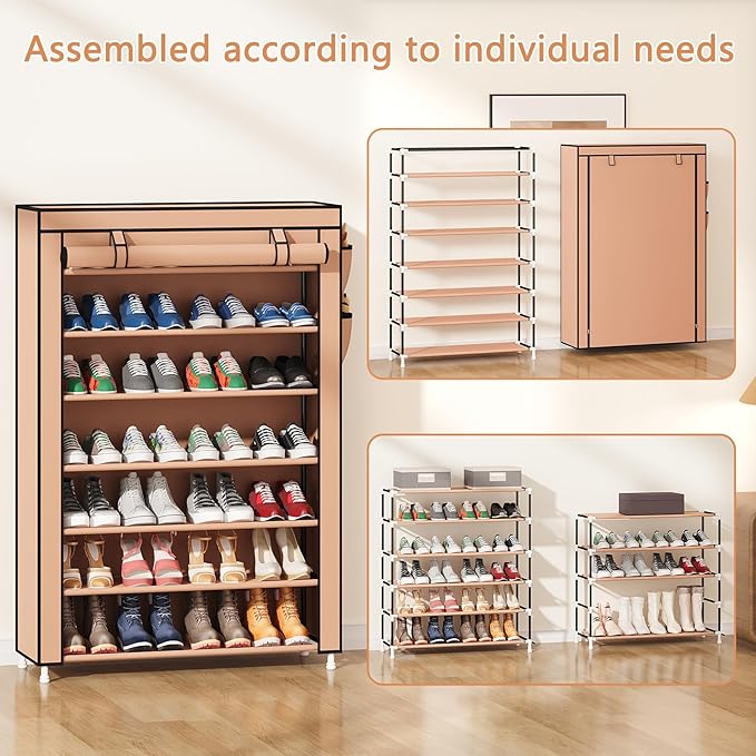 Laiensia 7-Tier Vertical Shoe Rack Organizer, Space Saving Shoe Storage Organizer, Non-Woven Cover Shoe Shelf Holds 28-35 Pairs for Bedroom, Hallway, Closet Entryway, Brown-NeatNest