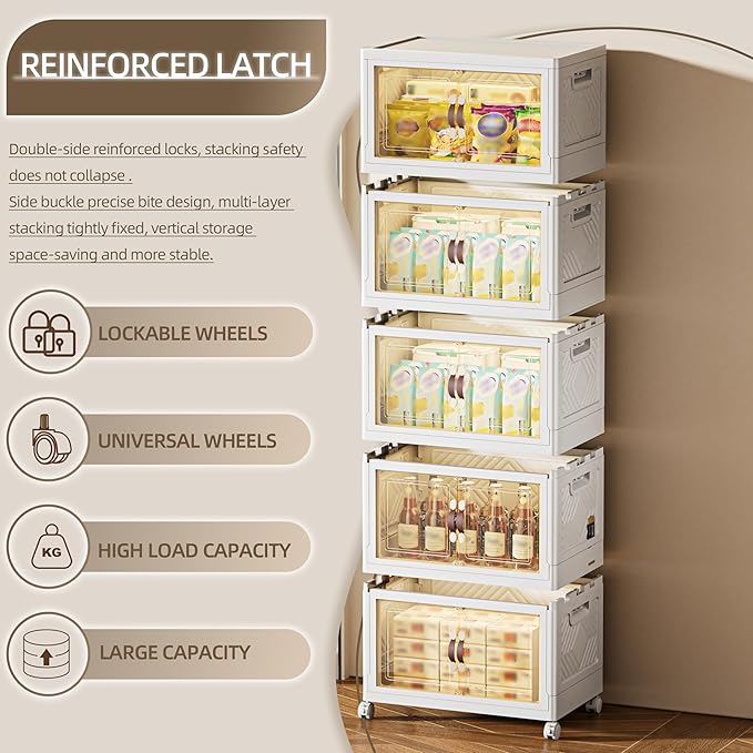 424 QT / 106 Gal Magnetic Door Storage Bins Collapsible Stackable w/1 Lid, Heavy Duty Plastic Cabinet with Wheels for Home Office Organization (White)-NeatNest