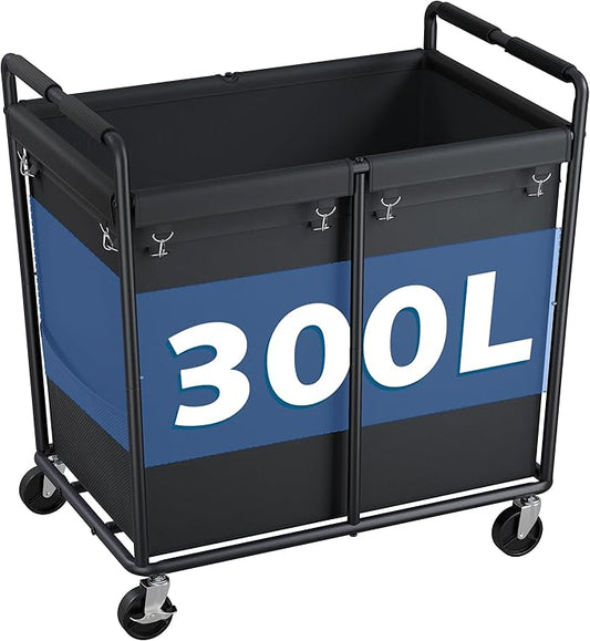 Large Laundry Basket with Wheels 300L Rolling Laundry Basket Durable Clothes Hamper with Steel Frame 150LBS Laundry Cart with Handle for Laundry Room Organization and Storage, Black