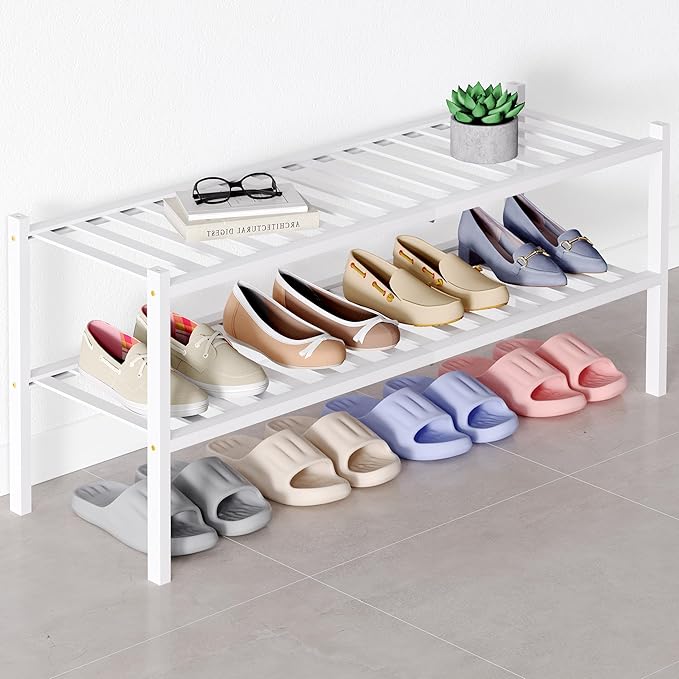 Smiry Bamboo Shoe Rack for Closet, 2 Tier Long Wooden Stackable Shoe Organizer, Free Standing Shoes Storage Shelf for Entryway, Front Door Entrance, White-NeatNest