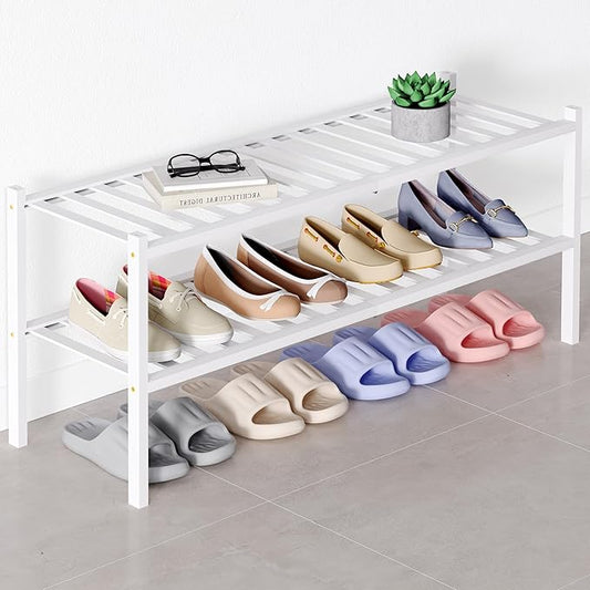 Smiry Bamboo Shoe Rack for Closet, 2 Tier Long Wooden Stackable Shoe Organizer, Free Standing Shoes Storage Shelf for Entryway, Front Door Entrance, White-NeatNest