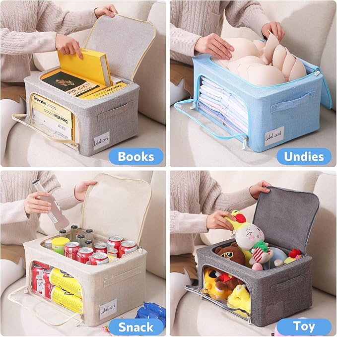 Clothes Storage Bins Box - Foldable Stackable Container Organizer Set with Clear Window & Carry Handles & Metal Frame - 2Pack Large Capacity for Bedding, Blankets, Books-NeatNest