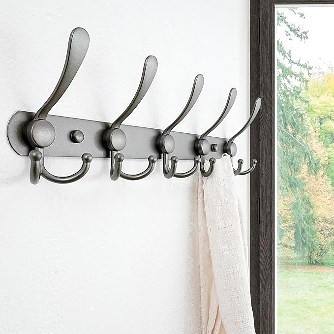 Dseap Coat Rack Wall Mounted - 5 Tri Hooks, Heavy Duty, Stainless Steel, Metal Coat Hook Rail for Coat Hat Towel Purse Robes Mudroom Bathroom Entryway,Grey-NeatNest