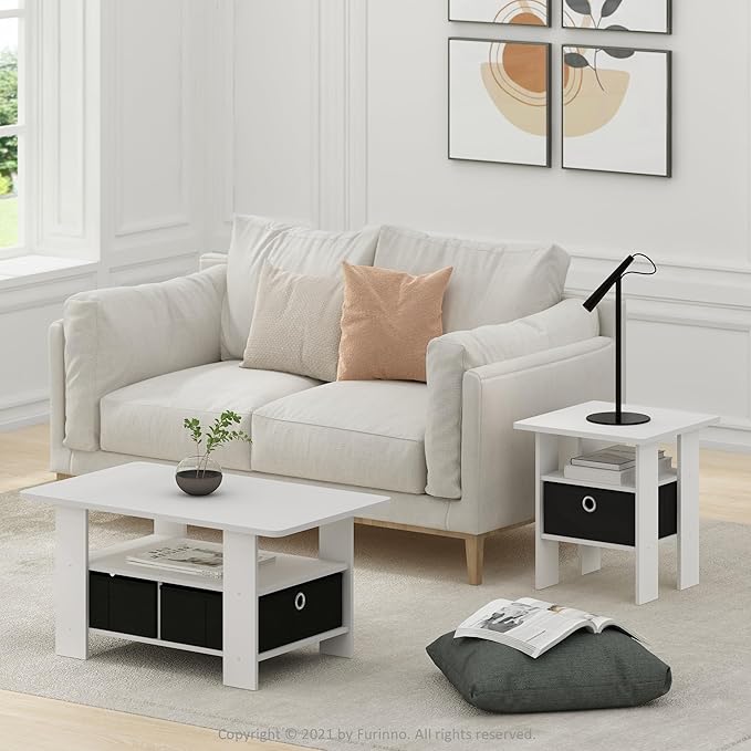 Furinno Andrey Coffee Table with Bin Drawer, White/Black-NeatNest