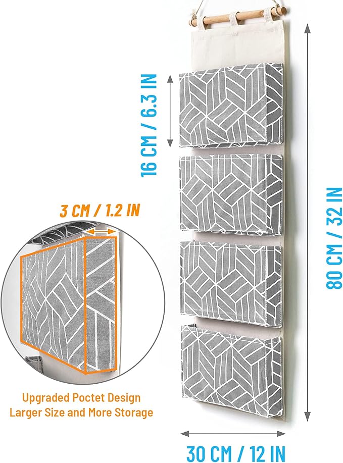 CROWNED 2Pcs Over Door Hanging Storage Bags Wall Mount Closet Organizer, 4 Big Pockets Linen Cotton Fabric Multi Functional Living Room Bedroom Bathroom File Magazine Waterproof Free Hooks Grey-NeatNest