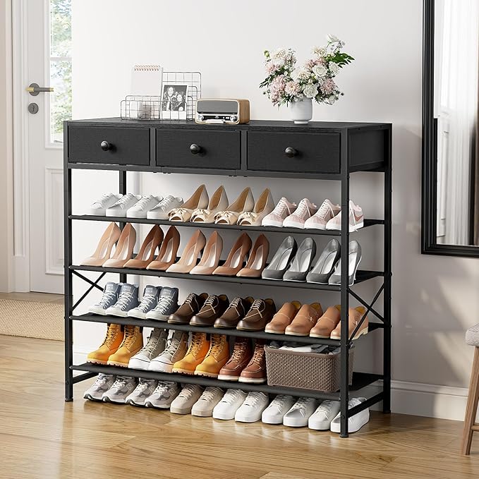Shoe Rack, 5 Tier Shoe Organizer with 3 Drawers, Metal Shoe Storage for 24-30 Pairs of Shoes with Fabric Shelves and Wooden Top, Narrow Shoe Shelf for Closet Entryway Black-NeatNest