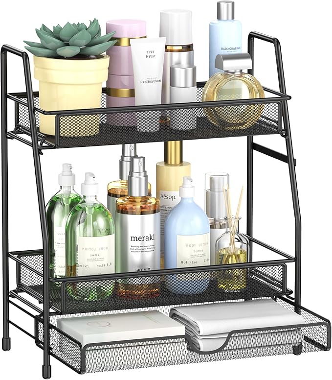 2-Tier Bathroom Organizers and Storage with Drawer, Bathroom and Makeup Organizer Countertop, Easy to Install, Ideal for Bathroom Storage, Vanity, Large Skincare, Perfume, Present, and More,Black