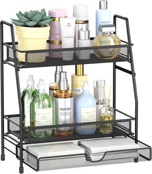 2-Tier Bathroom Organizers and Storage with Drawer, Bathroom and Makeup Organizer Countertop, Easy to Install, Ideal for Bathroom Storage, Vanity, Large Skincare, Perfume, Present, and More,Black