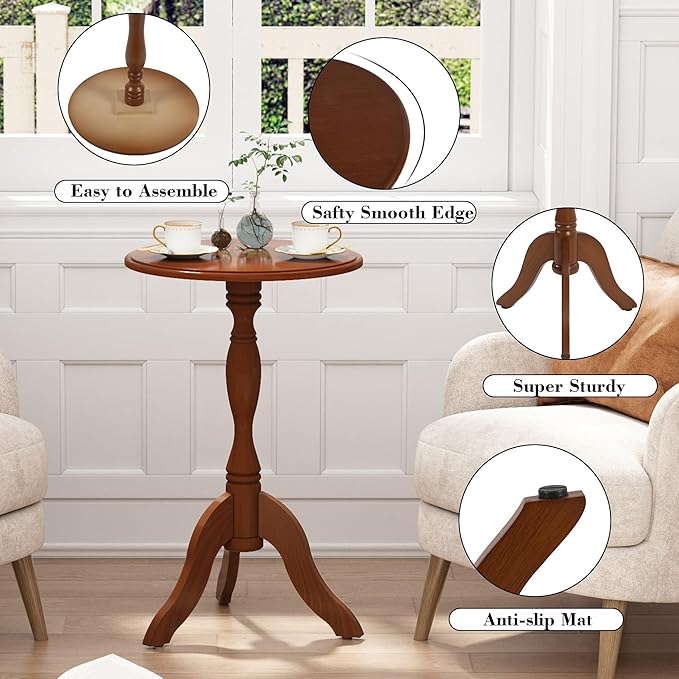 HLR Round Small End Table, Wooden Pedestal Side Coffee Tables, Vintage Accent Nightstand for Living Room, Bedroom, Entryway (1, Walnut)