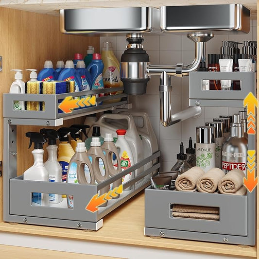 2-Pack 19"Deep Under Sink Organizer And Storage, 2-Tier L-Shaped Pull Out Cabinet Organizer with Upgraded Slide Rails, Height Adjustable Drawers for Kitchen&Bathroom, Extra-Large Storage Shelves–Gray-NeatNest