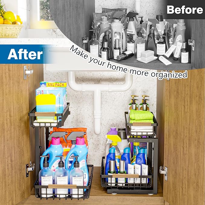Under Sink Organizers, 2 Tier Pull Out Under Cabinet Organizer，Height Adjustable Pull Out Cabinet Drawers, Metal Sliding Drawer for Kitchen Bathroom Pantry Cabinet Closet Organization Rack，1 Pack-NeatNest