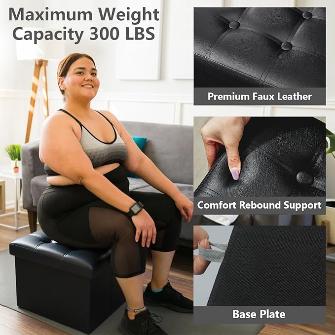 AmasSmile Storage Ottoman Folding Foot Rest Stool, Leather Footstool Bench, Short Ottoman Stool, Storage Foot Rest Store, Books (Black, 17" D x 13" W x 13" H)-NeatNest