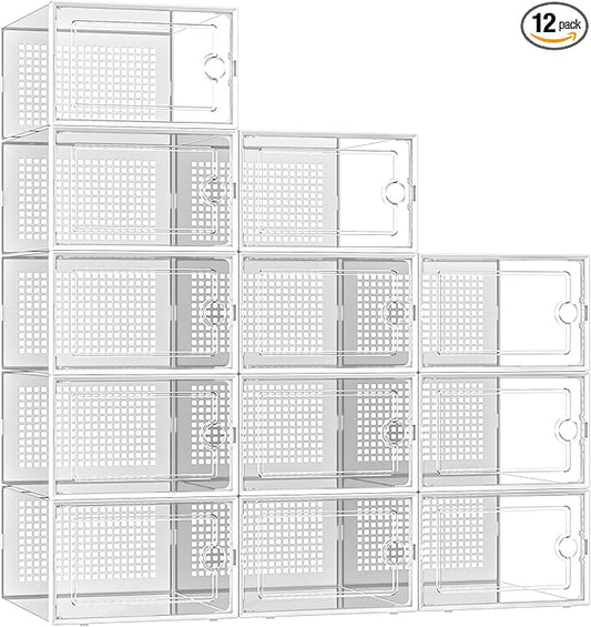 Kuject X-Large Shoe Storage Boxes Organizers Clear Plastic Stackable 12 Pack, Shoe Rack & Holder Substitute, Sneaker Containers, Toy Storage Organizer Bins for Entryway, Closet, Under Bed, White-NeatNest