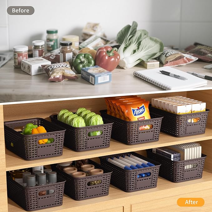 Brown Plastic Storage Baskets - Pack of 8 with Labels Stackable Durable Storage Bins, Storage Containers for Organizing Desktops, Closets, Playrooms, Classrooms, Offices-NeatNest