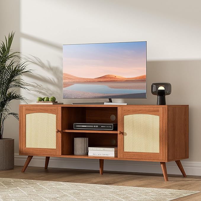 Brown Rattan TV Stand for 60 Inch TV, Wooden Mid Century Modern Entertainment Center with Natural Rattan Door, Boho Media TV Console for Living Room-NeatNest