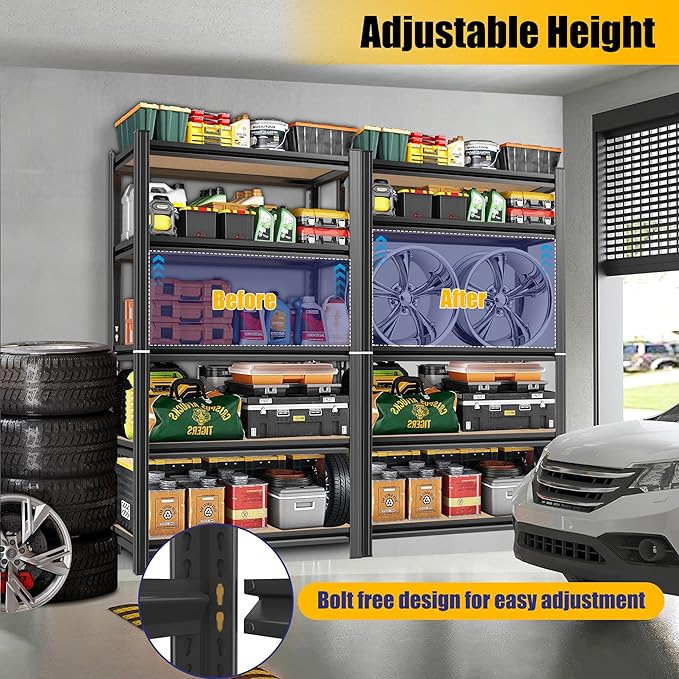 5 Tier Garage Shelving Wood Storage Shelves 2000 lb Load Capacity Adjustabl Shelving Units 57.4" H*29.5" W*11.8" D Metal Shelf Suitable for Basement Warehouse Pantry,Black