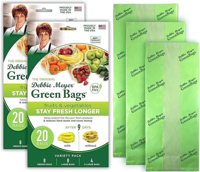Debbie Meyer, GreenBags 40-Pack (16M, 16L, 8XL) | Reusable Storage Bags Keeps Fruit, Vegetables, Produce, Cut Flowers Fresh Longer, Kitchen & Fridge Preservation Solution, BPA Free, Made in the USA-NeatNest