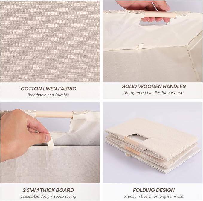 ANMINY 2PCS Storage Baskets for Organizing Collapsible Fabric Storage Bins Boxes with Wood Handles Closet Shelves Cube Organizer Bins Clothes Laundry Storage Container - Small, Beige-NeatNest