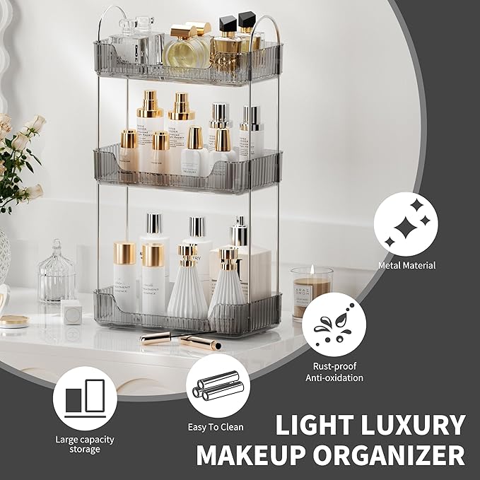 Bathroom Organizer Countertop, Vanity Trays for Bathroom, Skincare Makeup Organizer Tray, Vanity Organizer, Bathroom Counter Organizer for Cosmetics, Toiletries, Lotions, Perfumes (3 Tiers, Grey)-NeatNest