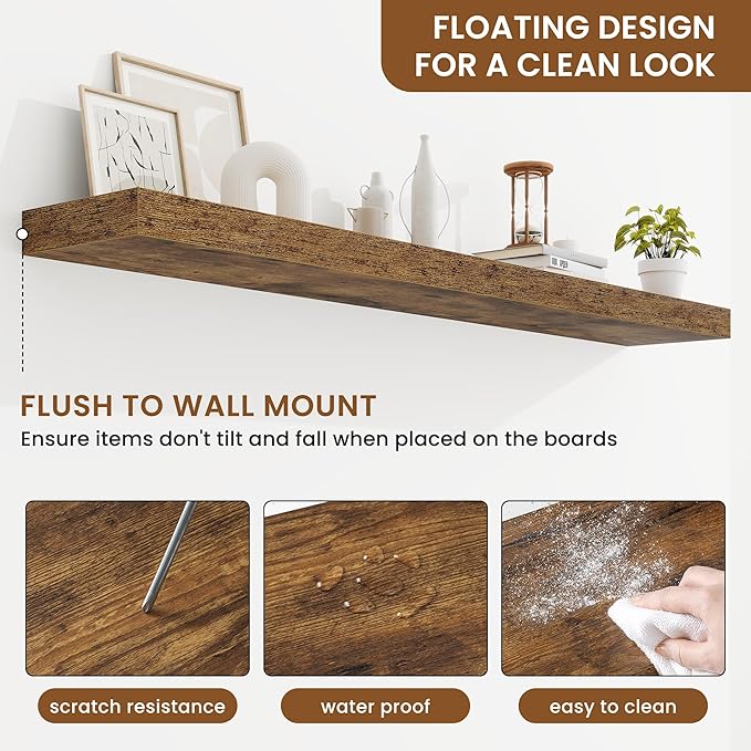 fuqing Floating Shelves for Wall, Bathroom Shelf Wall Mounted for Storage, Shelves with Invisible Bracket for Bedroom, Kitchen, Living Room, Farmhouse Small Book Shelf, 55 Inch Set of 2, Rustic Brown-NeatNest