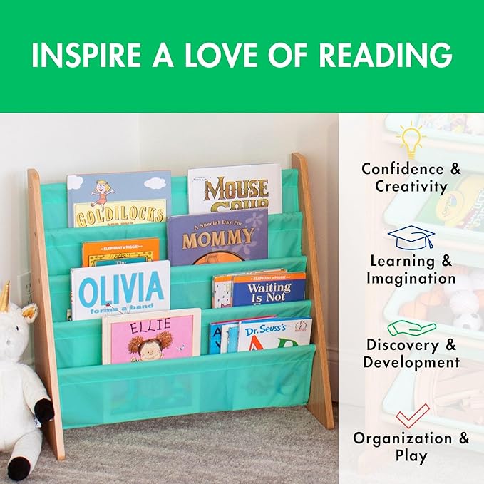 Humble Crew 4-Tier Kids Bookshelf, Natural Wood/Seafoam Green - Premium Book Shelf for Kids Rooms with Four Deep Pockets - Toddler Sling Book Rack with Deep Sleeves, Nursery Bookcase Organizer