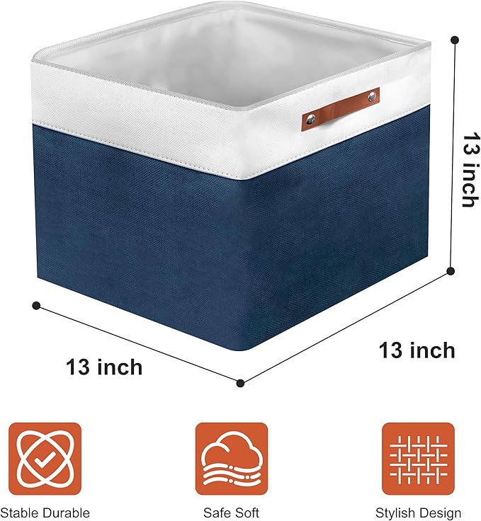 13in Open Fabric Storage Basket with Leather Handles for Organizing, Collapsible Linen Closet Bins for Shelves, Closets, Laundry, Decorative Basket for Gifts. (White＆Blue, 2PCS/13x13in)-NeatNest