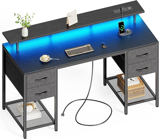Huuger 55 inch Computer Desk with 4 Drawers, Gaming Desk with LED Lights & Power Outlets, Home Office Desk with Large Storage Space for Bedroom, Work from Home, Black-NeatNest