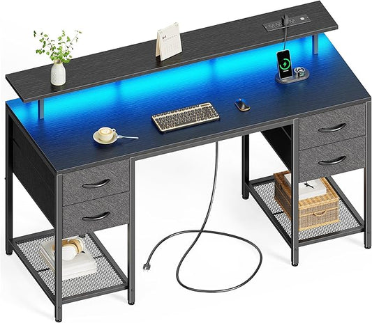 Huuger 55 inch Computer Desk with 4 Drawers, Gaming Desk with LED Lights & Power Outlets, Home Office Desk with Large Storage Space for Bedroom, Work from Home, Black-NeatNest