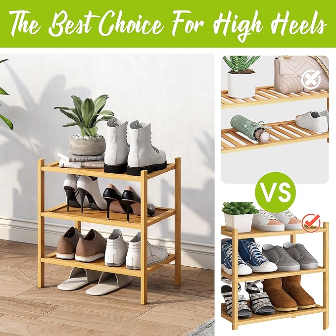 BMOSU 3-Tier Bamboo Small Shoe Rack Premium Stackable Shoe Shelf Storage Organizer for Hallway Closet Living Room Entryway Organizer(Natural)-NeatNest