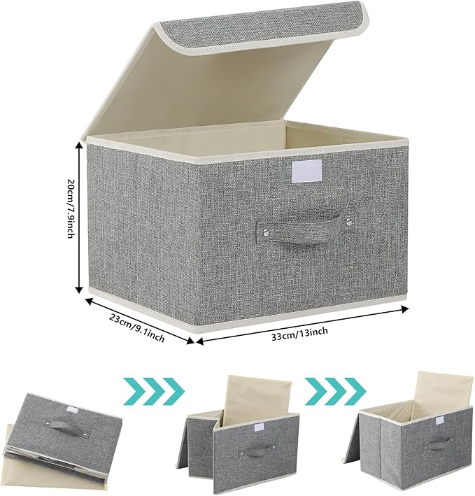 Fabric Storage Bins Cube Organizers with Flip-Top Lid and Handles,Storage Boxes for Organizing Home,Office,and Closet,Grey,3 Pack 13 X 9.1 X 7.9 in-NeatNest