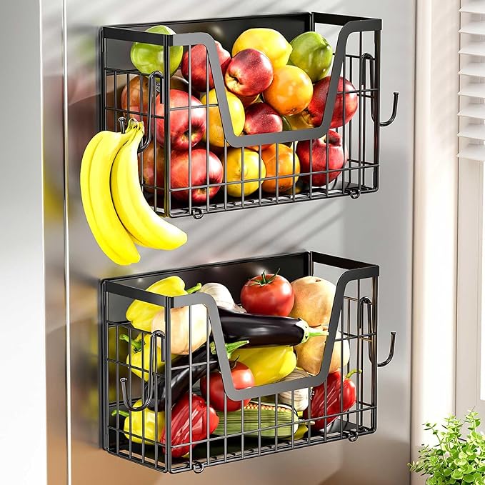 Heavy Duty Magnetic Shelf for Fridge(2-Pack), Magnetic Storage Basket, No Assembly Space Saving Fridge Organizer for Fruits, Veggies, Snacks & Laundry