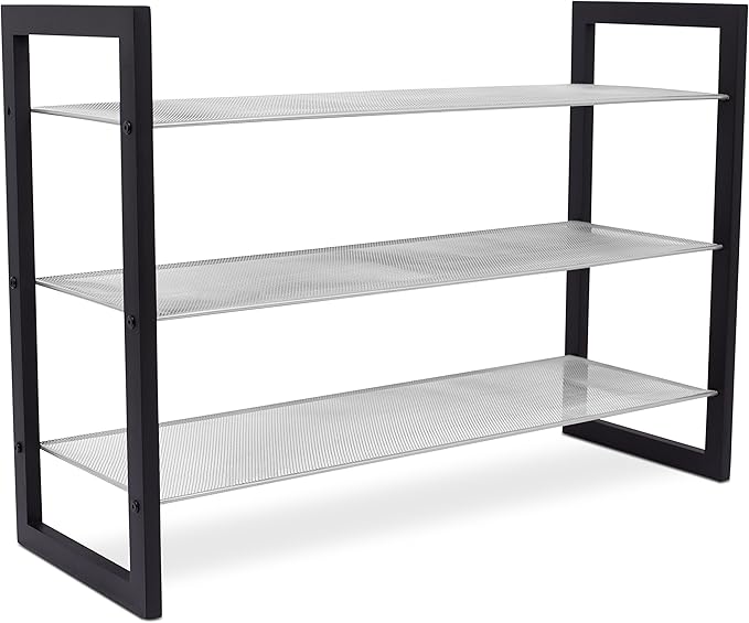 Internet's Best Mesh Shoe Rack - 3-Tier - Free Standing Metal Wood Shoe Organizer - Closet and Entryway - Fits 12 Pairs of Shoes - Black & Silver-NeatNest
