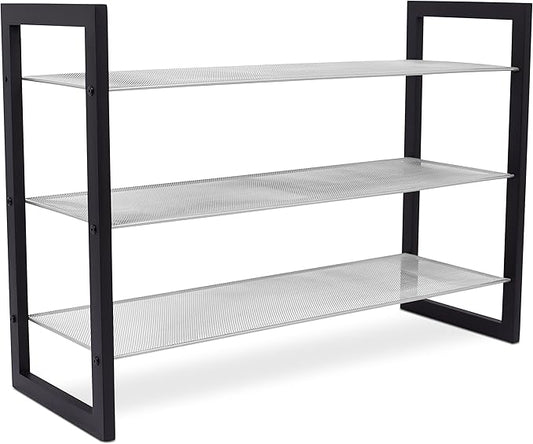 Internet's Best Mesh Shoe Rack - 3-Tier - Free Standing Metal Wood Shoe Organizer - Closet and Entryway - Fits 12 Pairs of Shoes - Black & Silver-NeatNest