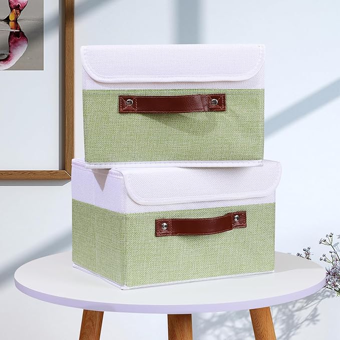 ANMINY 2PCS Storage Boxes with Lid Washable Decorative Storage Bins Basket with PU Leather Handle Foldable Linen Fabric Storage Cubes Containers for Home Closet Organizer - Green White, Small Size-NeatNest